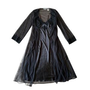 Delicate y2k Women Black Satin Lace Trim Maxi Slip Dress w/ Mesh Robe Set Size M
